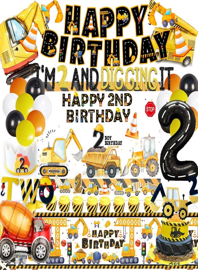 BEOXAGAR Construction Birthday Party Supplies for 2 Year Old Boy, 2nd Birthday Decorations For Boys, include- Backdrop, Cake, and Cupcake Toppers, Balloons, Cupcakes Wrappers, Banner - Image 1